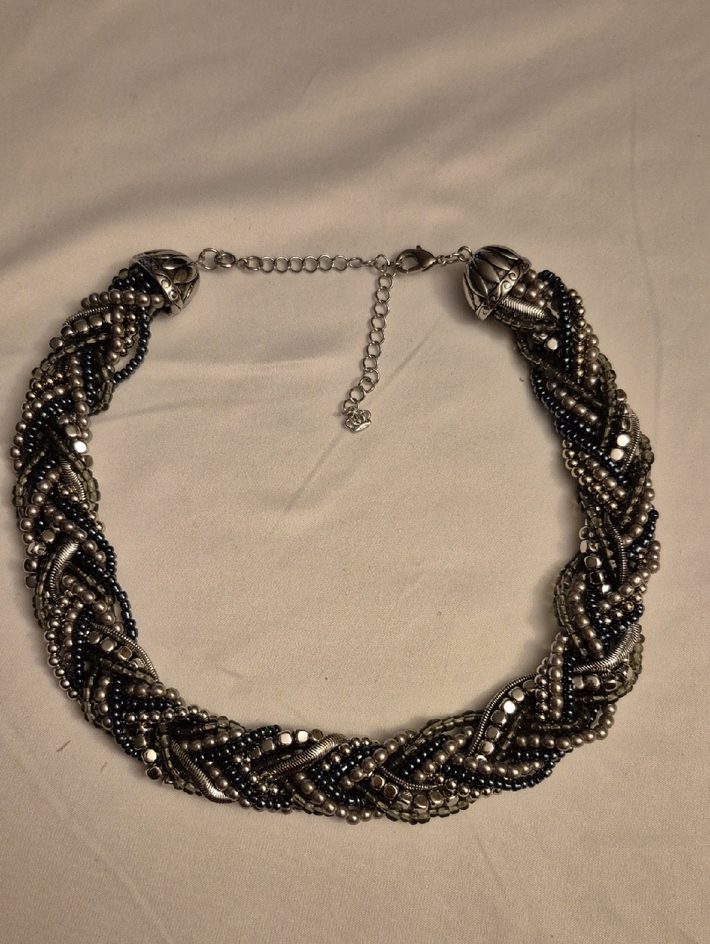 Braided Bead Choker Necklace in Silver and Black